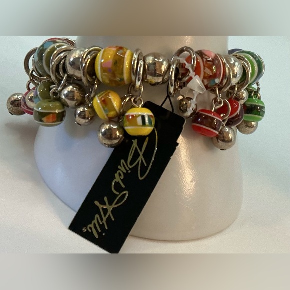BURCH HILL RAINBOW BEAD CHARM STRETCH SILVERTONE BRACELET NWT - Picture 2 of 2